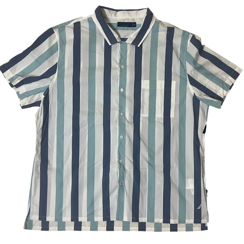 Nautica Shirt Mens S Blue Striped New Camp Collar Navtech Short Sleeve Button Up